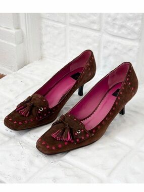 y2k coach pink and brown polka dot suede kitten heels